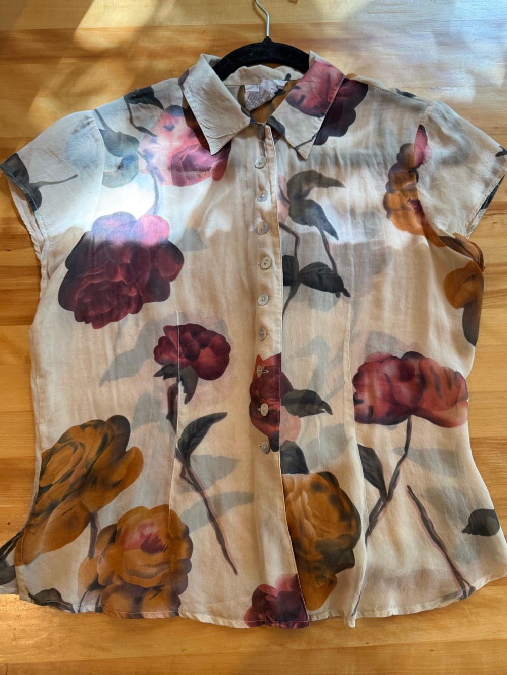 Vintage Sheer Silk Floral Button-Front Blouse in Cream with Red & Mustard Blooms